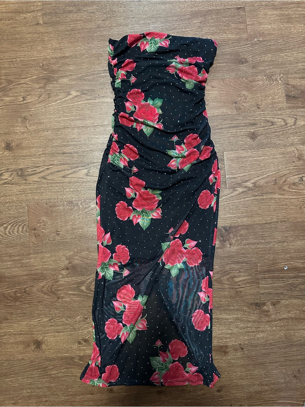 Black Strapless Floral Midi Dress with Red Rose Print